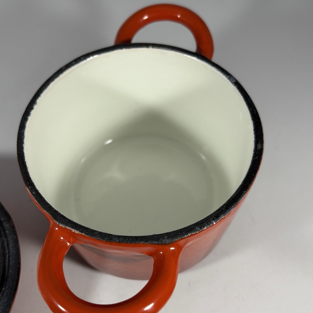 2 Vintage Tim Love Collection Enameled Cast Iron Small Dutch Oven W/ Lids Orange - Picture 8 of 11